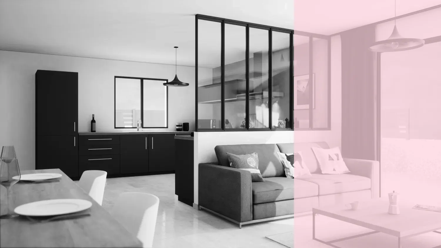 Intérieur moderne avec cuisine et salon